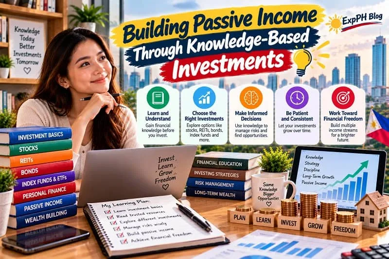 A Filipina woman studying investment strategies at her desk, surrounded by financial books, growth charts, coins, and educational resources, with the ExpPH Blog logo.