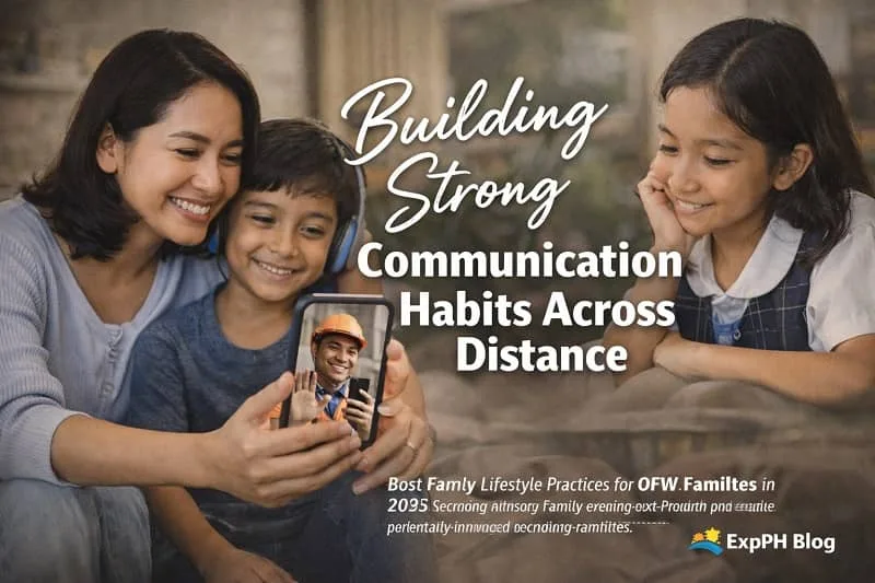 Building Strong Communication Habits Across Distance showing a Filipino family connecting with an OFW parent through a video call at home