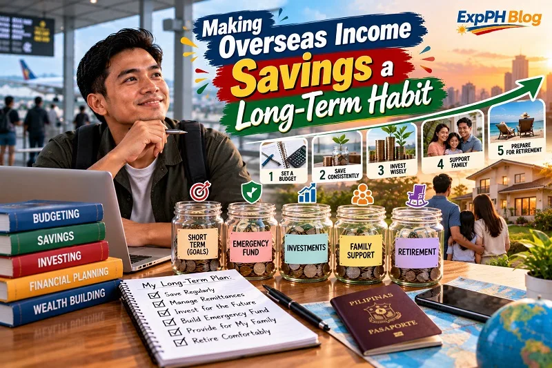 A Filipino overseas worker planning his finances beside savings jars, budgeting books, a Philippine passport, and a long-term savings checklist, with images of his family and future home representing financial goals.