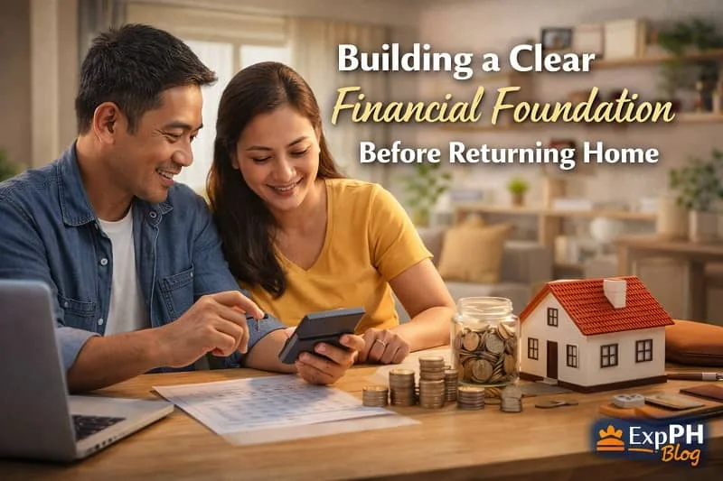Filipino OFW couple reviewing finances and savings while planning a clear financial foundation before returning home