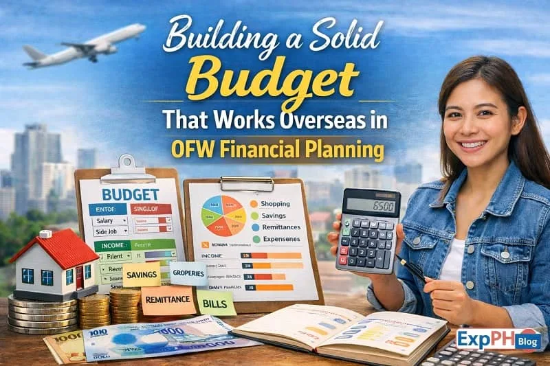 Filipino OFW creating a budget with income, savings, remittances, and expense tracking tools, showing how to build a solid budget that works overseas in OFW Financial Planning