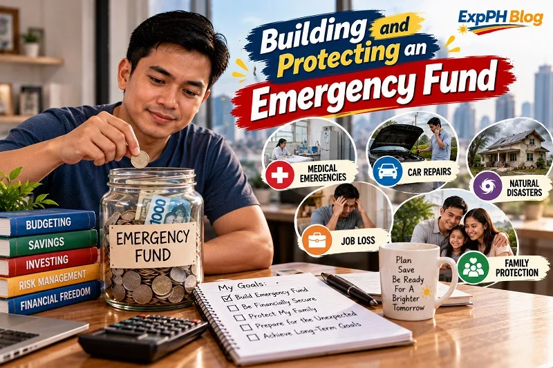 A Filipino man placing a coin into an emergency fund jar filled with savings and Philippine peso bills, surrounded by budgeting books and a financial goals checklist, with illustrations of medical emergencies, car repairs, natural disasters, job loss, and family protection.