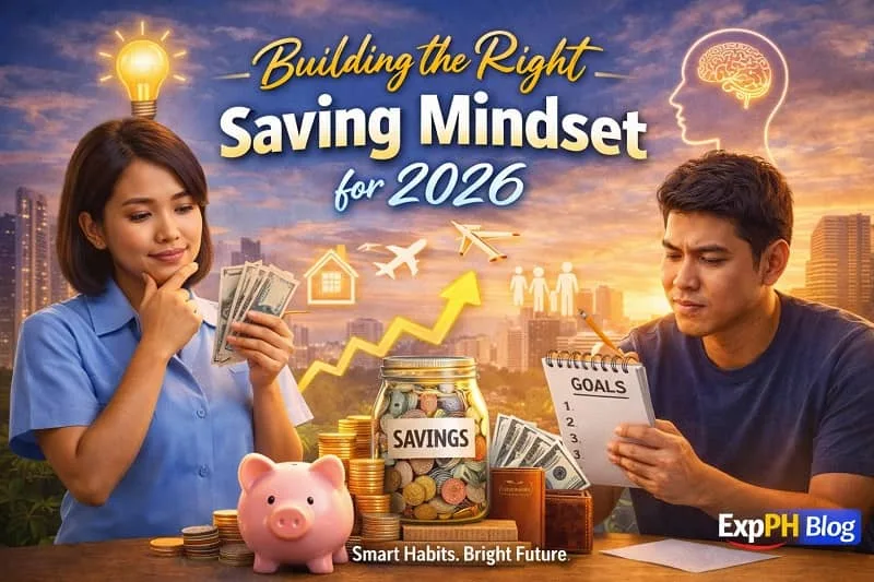 Filipino overseas workers planning finances in 2026, showing focus, discipline, and positive saving mindset with ExpPH Blog logo