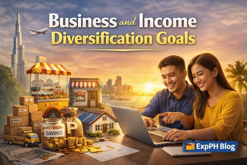 Filipino couple planning business and income diversification goals using a laptop, small business symbols, savings, and delivery boxes, with ExpPH Blog logo