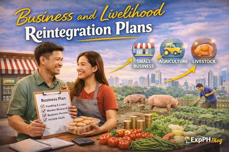 Filipino OFW couple planning a small business with products, savings, and a checklist, representing business and livelihood reintegration plans for returning OFWs in the Philippines