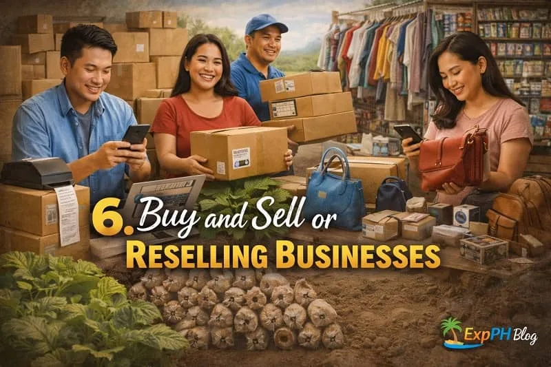Filipino entrepreneur managing a small buy and sell business with products like clothes, gadgets, and packaged goods while using a phone for online selling with ExpPH Blog logo