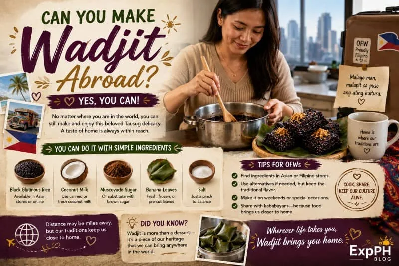 A Filipino OFW cooking traditional Wadjit black rice cake in a modern kitchen overseas. The counter shows ingredients like black glutinous rice, coconut milk, muscovado sugar, and banana leaves, next to a tray of the finished dessert.