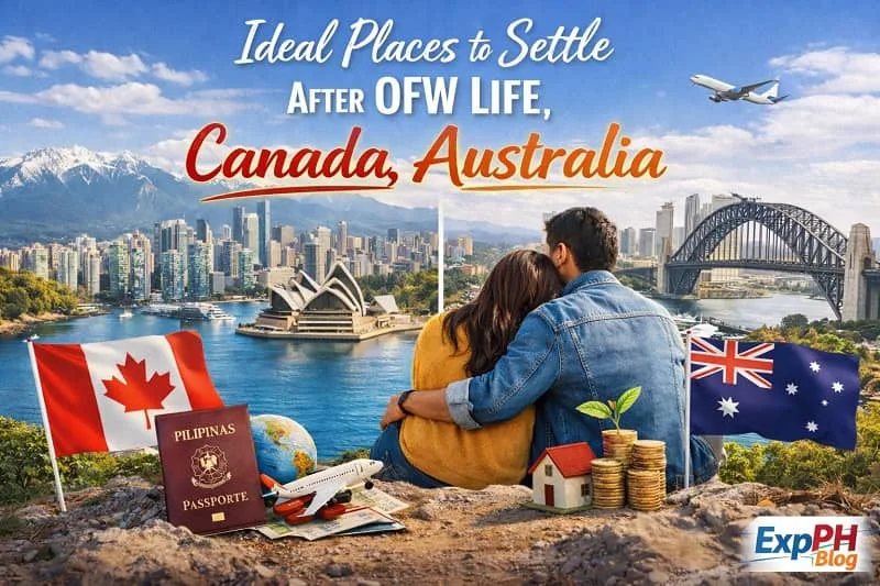 Filipino couple looking at Canada and Australia city skylines while planning life after OFW work, with Philippine passport, travel symbols, savings, home icon, and ExpPH Blog logo