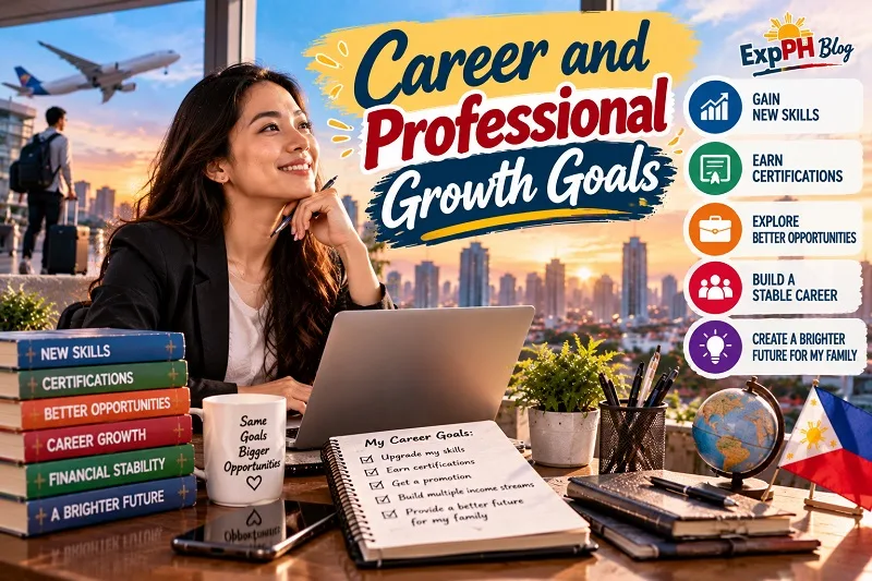 Realistic Filipino woman planning her career goals at a laptop, with books and visuals representing new skills, professional certifications, better job opportunities, and long-term career growth, featuring the ExpPH Blog logo.