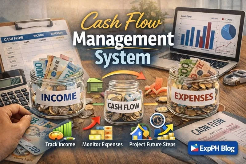 Filipino small business workspace showing cash flow charts, calculator, peso bills, and laptop dashboard representing a cash flow management system