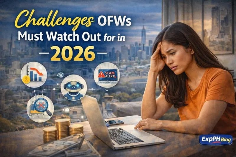 Filipino OFW facing workplace and career challenges in 2026, shown with global city background, warning icons, and symbols representing job competition, policy changes, and work pressure.