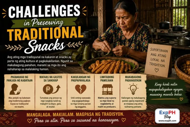 An elderly Filipino woman lovingly preparing traditional snacks in a rustic kitchen. The scene captures the quiet dedication needed to keep our food heritage alive, complete with the ExpPH Blog logo.