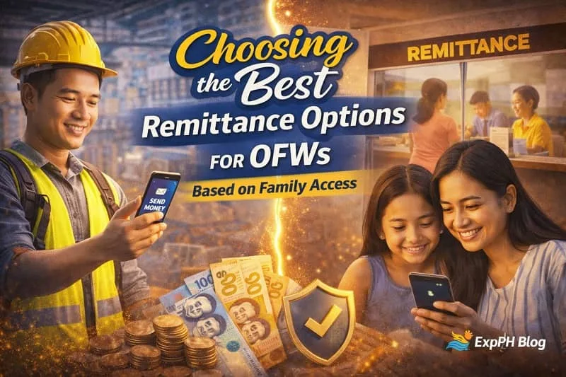 Filipino OFW sending money through mobile app while family receives remittance using accessible options in the Philippines