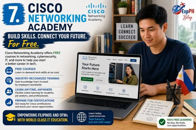 Filipino learner studying networking and IT skills on Cisco Networking Academy using a laptop with ExpPH Blog logo