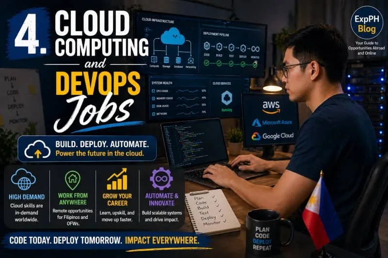 A Filipino cloud engineer working on cloud infrastructure and DevOps pipelines using multiple screens in a modern workspace, highlighting cloud computing and DevOps careers with ExpPH Blog branding.