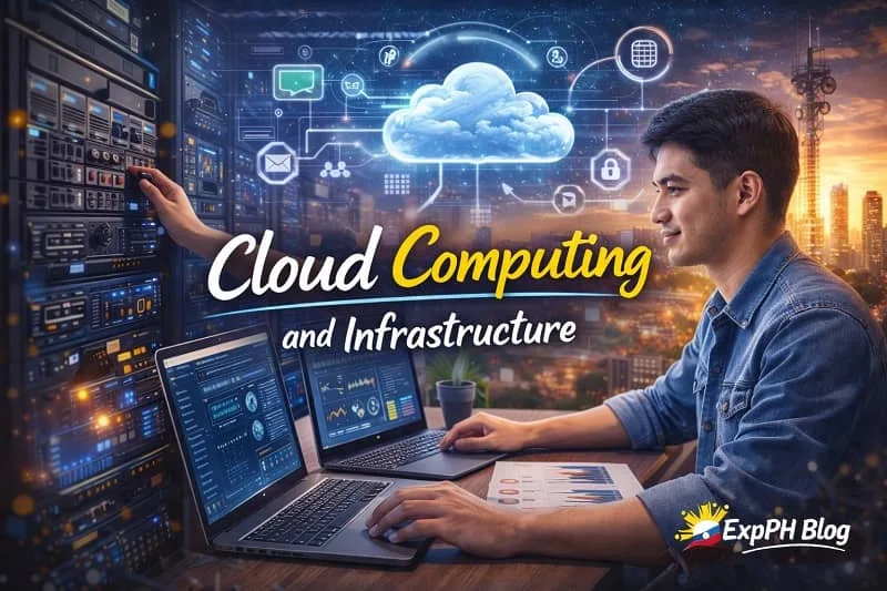 Filipino IT professional managing cloud systems and digital infrastructure on multiple screens, representing cloud computing and infrastructure skills for OFWs in a modern technology workspace.