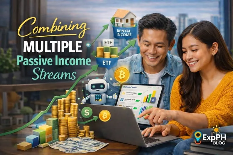 Filipino couple combining multiple passive income streams using ETFs, rental income, and digital investments on a laptop