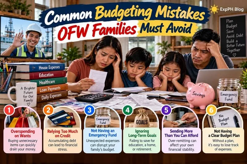 Filipino family reviewing household bills with concern while an OFW family member joins through a video call, surrounded by credit cards, expense records, a savings piggy bank, and an emergency fund jar.