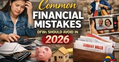 Filipino OFW reviewing bills and budget with family images showing common financial mistakes to avoid in 2026