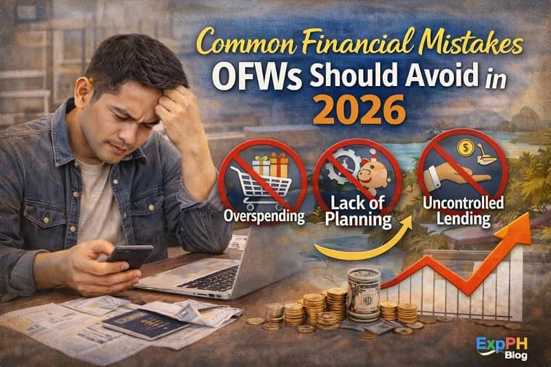 Common financial mistakes OFWs should avoid in 2026 showing a Filipino overseas worker stressed over money planning and debt