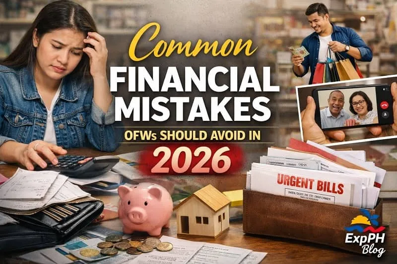 Filipino OFW reviewing bills and budget with family images showing common financial mistakes to avoid in 2026