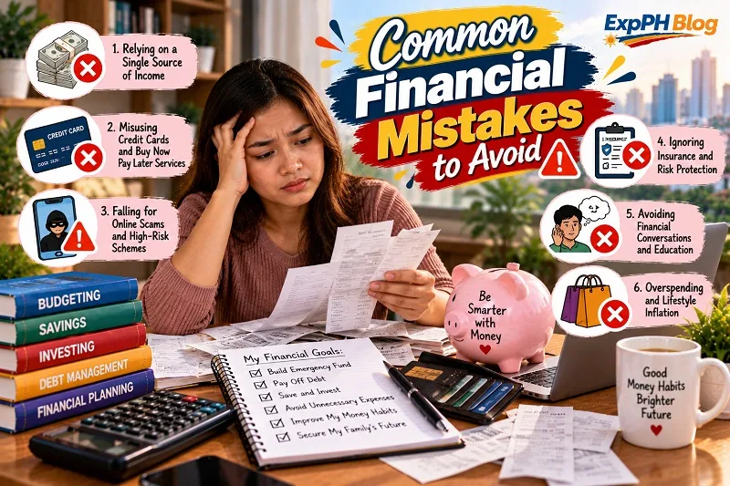 Common financial mistakes to avoid, featuring a Filipino woman reviewing bills and financial documents, with reminders about credit card debt, online scams, missing insurance, overspending, and poor money habits.