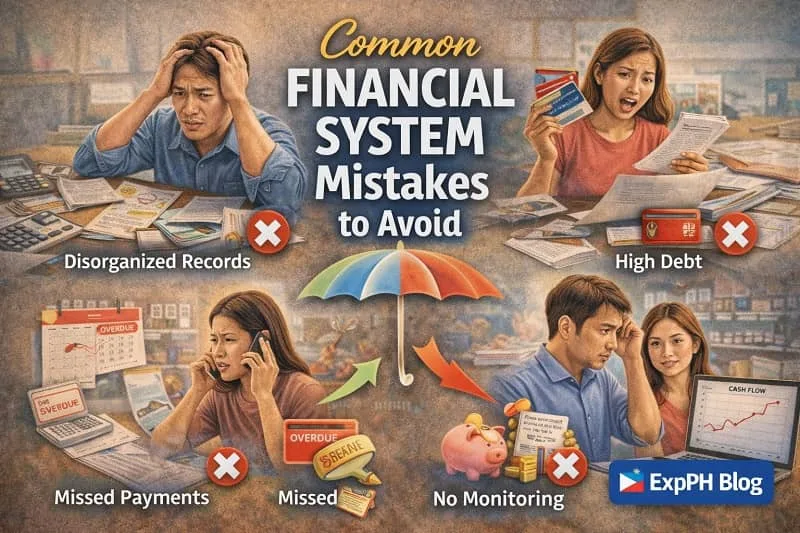 Filipino small business owners showing common financial system mistakes like disorganized records, missed payments, high debt, and lack of monitoring