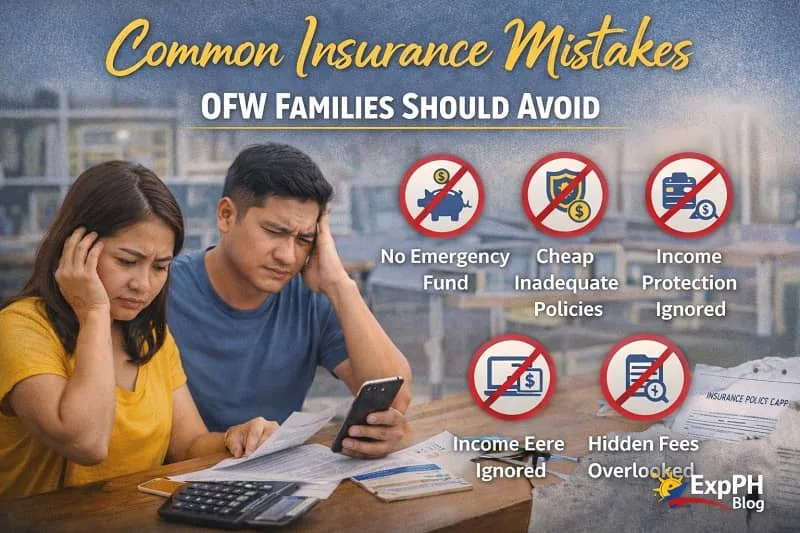 Filipino OFW family reviewing insurance documents showing common insurance mistakes to avoid, with realistic setting and ExpPH Blog logo