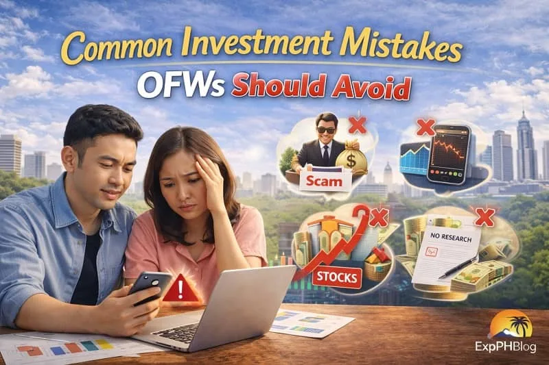 Common investment mistakes OFWs should avoid showing Filipino couple reviewing finances with warning signs, charts, and planning symbols with ExpPH Blog logo