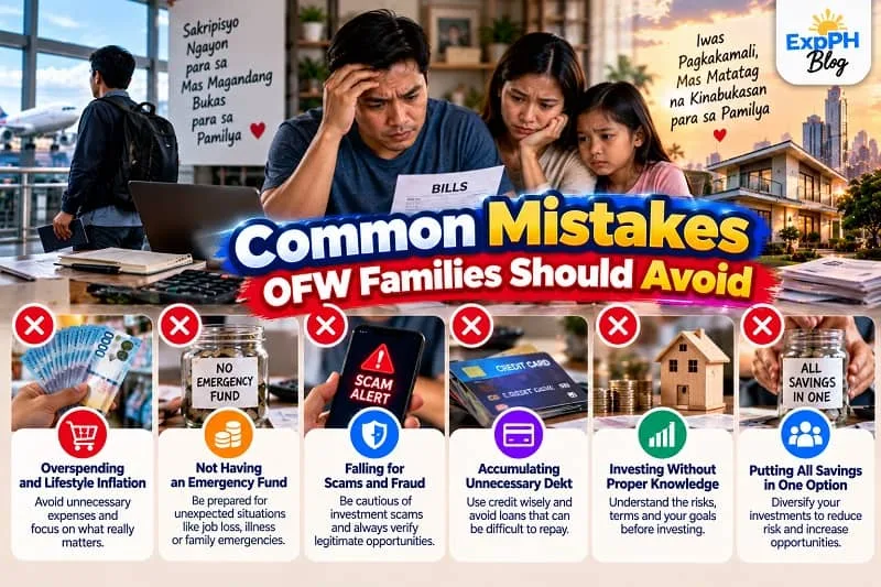 Filipino family reviewing household bills and finances, with visual warnings about overspending, missing emergency savings, investment scams, unnecessary debt, uninformed investing, and putting all savings into one investment.