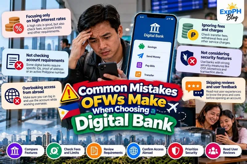 Filipino overseas worker reviewing digital banking options on a smartphone, with reminders about interest rates, fees, account requirements, overseas access, security and user reviews.