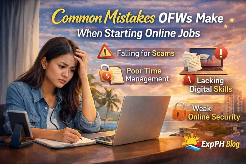 Filipino OFW looking stressed while working on a laptop showing common mistakes OFWs make when starting online jobs with warning icons and ExpPH Blog logo
