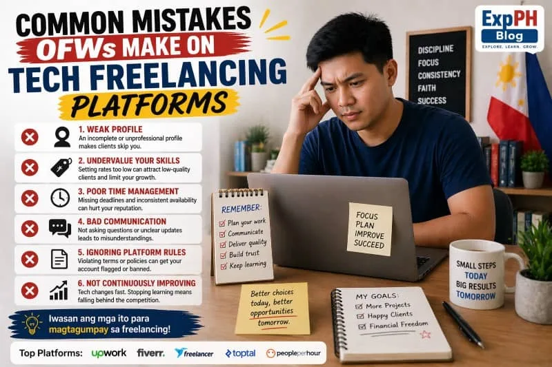 Filipino freelancer looking stressed while working on a laptop with common freelancing mistakes displayed and ExpPH Blog logo