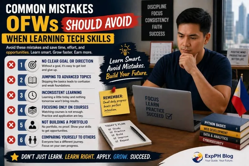 A Filipino professional thinking while using a laptop, with visual highlights of common mistakes in learning tech skills such as lack of direction and inconsistency, including the ExpPH Blog logo.
