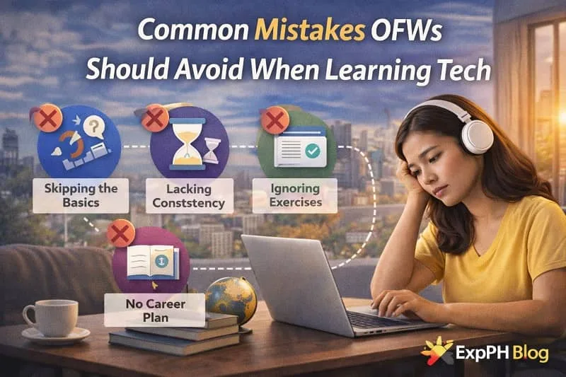Filipino OFW learning tech skills on a laptop with visual reminders of common mistakes and ExpPH Blog logo displayed