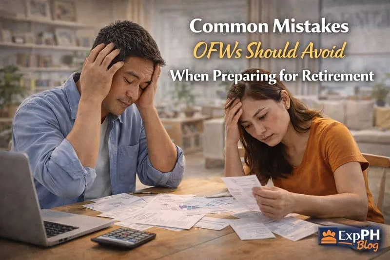 Filipino OFW couple stressed over retirement planning mistakes while reviewing bills and financial documents at home
