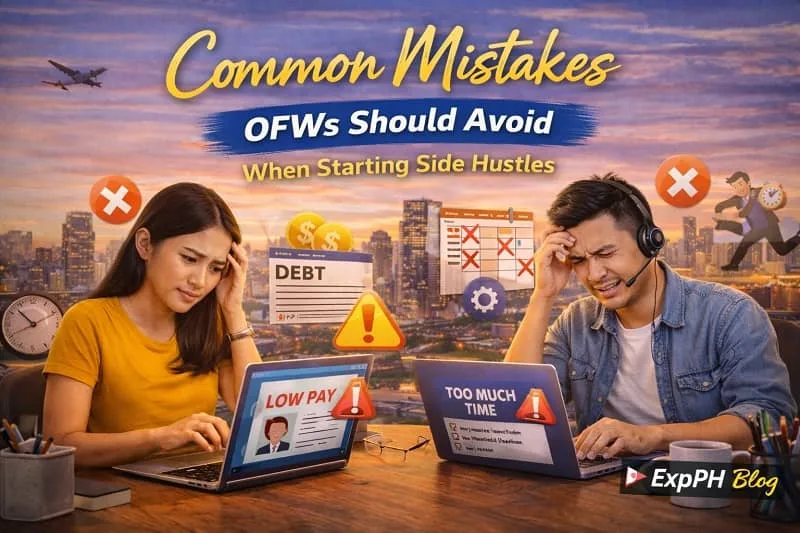 Filipino OFWs feeling stressed while working on laptops, showing common mistakes such as low pay choices, poor time management, and financial risks when starting side hustles