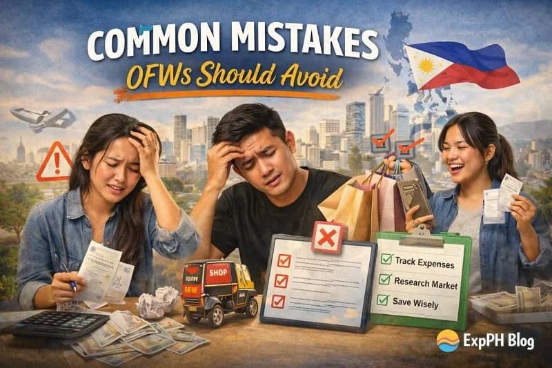 Filipino OFWs facing common financial mistakes such as overspending, poor planning, and lack of budgeting, contrasted with checklist reminders for smart money management.