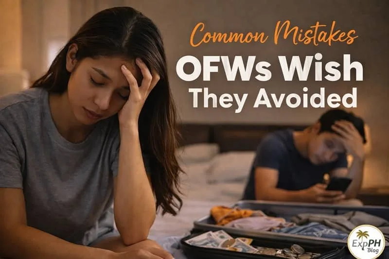 Filipino couple feeling stressed while preparing belongings and finances, reflecting common mistakes OFWs experience abroad