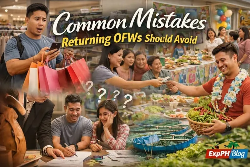 Returning Filipino OFW holding shopping bags, making financial decisions, attending a welcome home gathering, and exploring business investments with mixed emotions