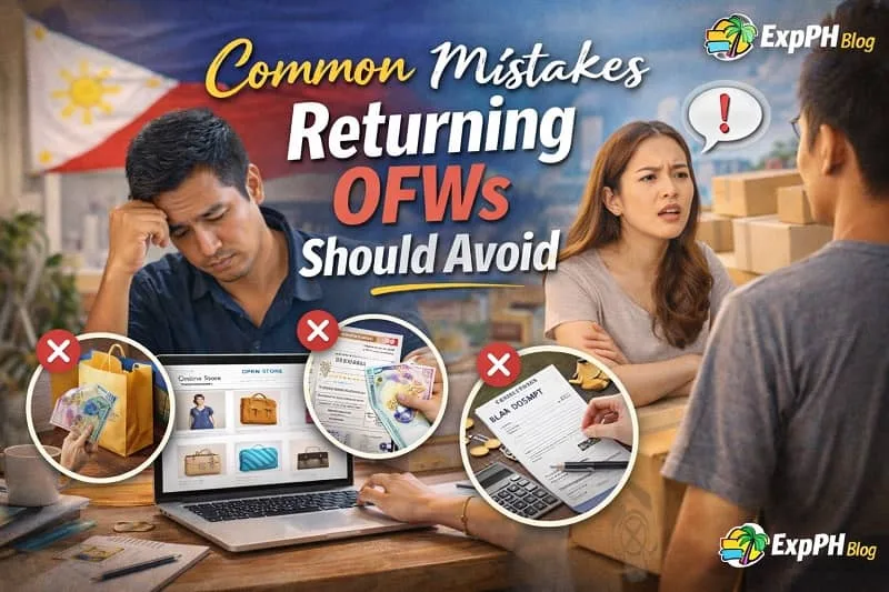 Filipino returning OFW looking stressed with financial problems, online business setup, and family conflict, with warning icons and ExpPH Blog logo
