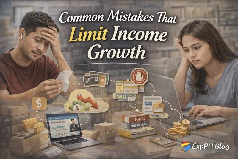 Filipino worker looking confused while reviewing finances and income plans, representing common mistakes that slow income growth.