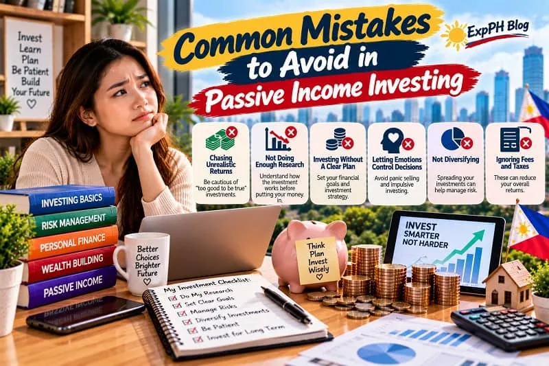 A Filipina woman reviewing investment decisions at her desk, surrounded by a piggy bank, stacks of coins, financial books, and warning signs highlighting common passive income investing mistakes, with the ExpPH Blog logo.