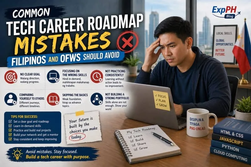 Filipino OFW looking stressed while working on a laptop with tech career mistakes icons and checklist, highlighting common errors in building a tech career roadmap