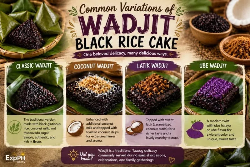 An infographic displaying four delicious variations of Wadjit Black Rice Cake—Classic, Coconut, Latik, and Ube—beautifully presented on traditional banana leaves.