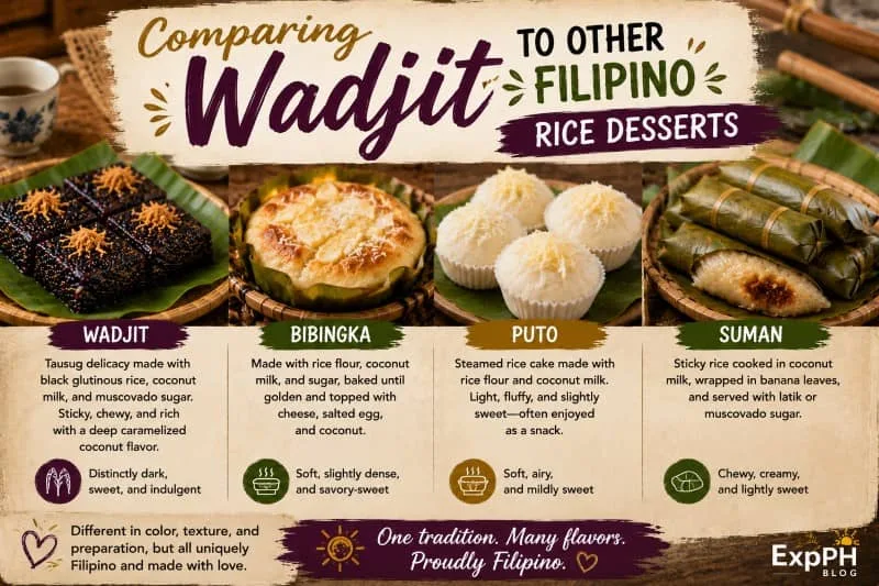 A side-by-side infographic comparing four classic Filipino rice desserts—Wadjit, Bibingka, Puto, and Suman—highlighting their unique ingredients, textures, and how they are traditionally prepared.