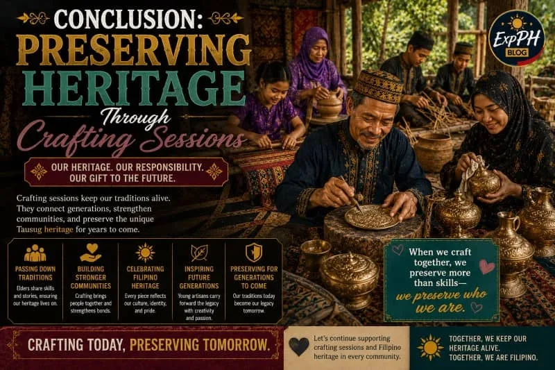 A realistic image of Tausug artisans and community members participating in a traditional brassware crafting session in Sulu, Philippines, featuring handcrafted brass items, cultural workshop details, and the ExpPH Blog logo with mixed-font typography about heritage preservation.