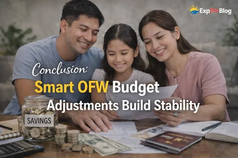 Filipino family reviewing finances with savings jar, cash, and documents representing smart OFW budget adjustments and financial stability