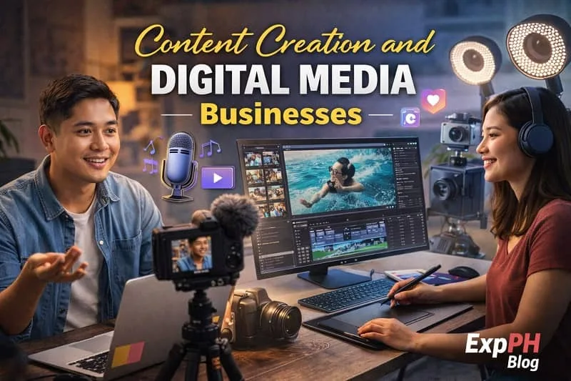 Filipino content creators working on video production and digital media projects using cameras and editing tools with ExpPH Blog logo visible