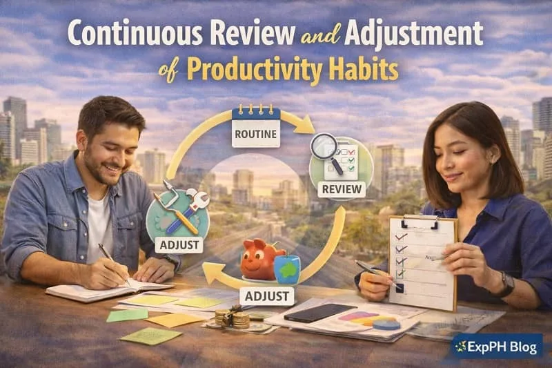 Filipino OFWs reviewing and adjusting productivity habits using checklists and planners, showing routine review and improvement with ExpPH Blog logo